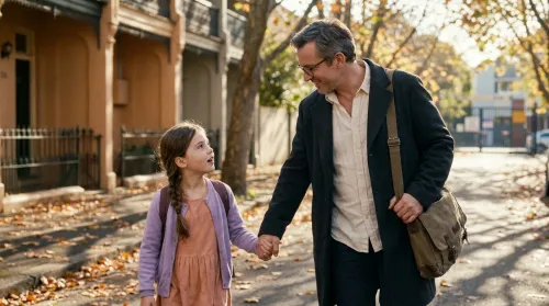 Father and his eight-year-old walking to school on a tree-lined street — the daily conversations of family identity