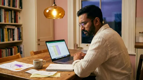 Parent at a kitchen table with a laptop open to a household spreadsheet — the math behind marketing to parents