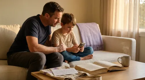 Father and young son on a cream sofa watching a paused cooking tutorial that ties family traditions to the kitchen