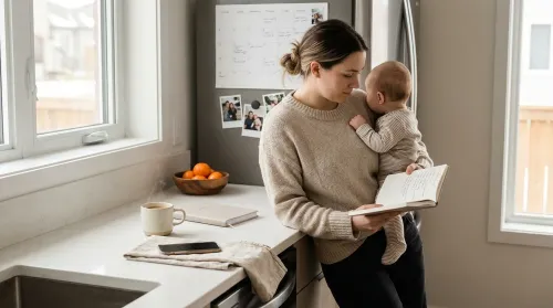 Gen Z parenting at home — young parent in late 20s holds a paper planner with a baby on their hip in morning kitchen light