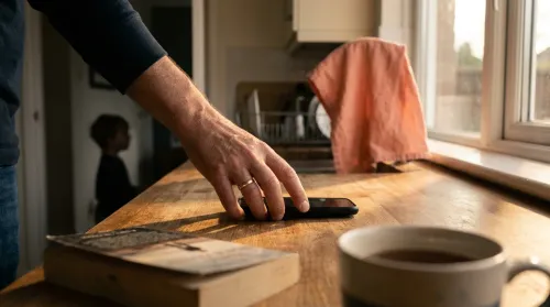 Adult hand placing a phone face-down on a wooden kitchen worktop in late-afternoon light, the good enough parent at home