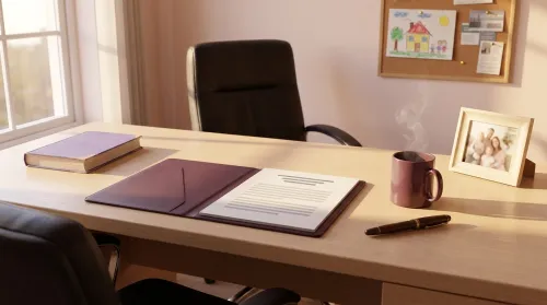 An executive mother's office desk in late-afternoon light with a leather portfolio, ceramic mug, and a child's crayon drawing