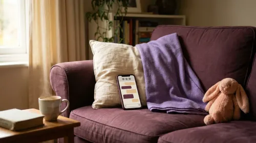 Millennial mom's living-room sofa in daytime with a phone showing a private group-chat, mug, lavender throw, soft toy