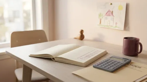 Mompreneur home office desk in morning light with handwritten math ledger, calculator, manila folder, ceramic mug