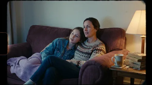 Mother and her adult daughter on a sofa lit by an off-frame television, a quiet moment watching movies about motherhood