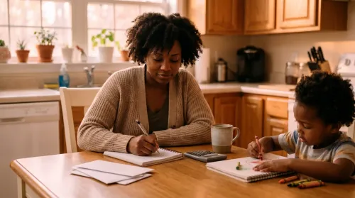 Mother and young child at a sunlit kitchen table with a budget notebook, breaking the cycle of poverty