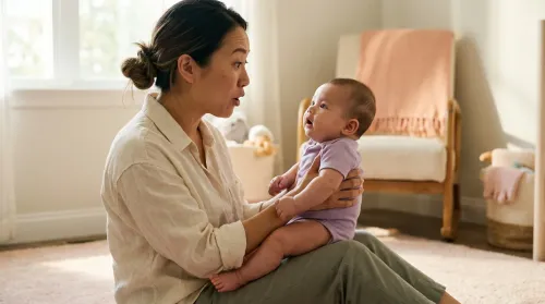Mother and her infant face-to-face in morning window light, the serve-and-return exchange behind neuroplasticity in children