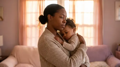 A mother holding her sleepy toddler close in soft golden window light, an unglossy everyday moment of motherhood