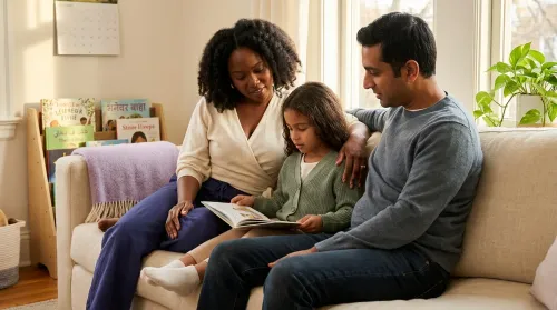 Multicultural family of three on a cream sofa, child between two parents, bilingual bookshelf and dual-holiday calendar