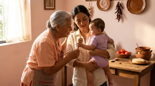 Three generations of a Latin American family in an afternoon kitchen — the village at the heart of traditional parenting