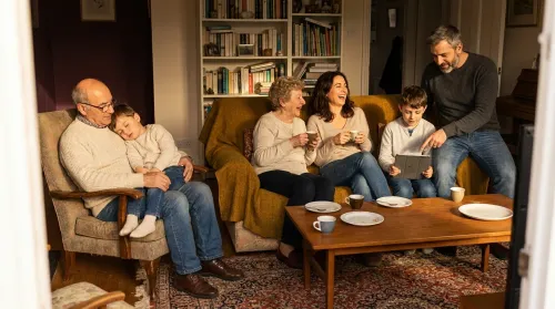 An Italian family of three generations together in their shared living room, an everyday scene of multigenerational living