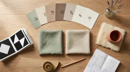 Overhead flat-lay of calming nursery colors planning — paint chips, sage and oat linen swatches, sheepskin and a board book