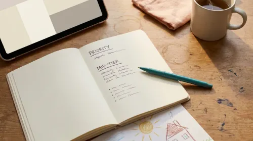 Paper planner with 1:4:5 list, mug, and a laptop corner — time management for working moms on a Sunday evening