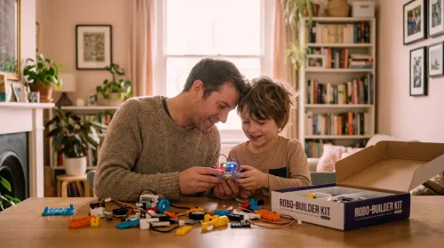 Parent and school-age child building a small coding robot together at a table, choosing STEM toys by age