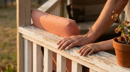 Adult and a child's smaller hand resting together on a weathered porch railing in warm sunset light, resilience in children at home