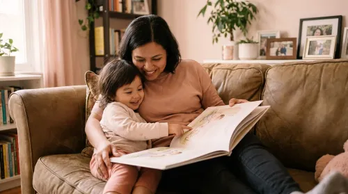 Parent and young child reading a heritage-language picture book together at home, raising bicultural children