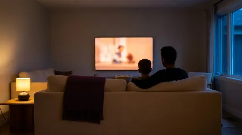 Parent and young child silhouetted on a cream sofa watching movies about family dynamics under warm evening lamplight