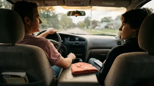 Parent and teenager in the front seat of a car looking forward through the windshield, raising teenagers side-by-side