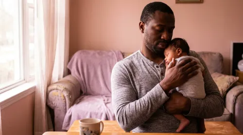 A father cradling his newborn against his chest by a window, the bonding time California paternity leave is for