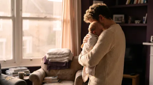 New father on paternity leave cradling his infant against his chest by a sunlit home window in early morning