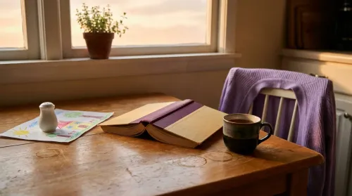 Late-afternoon kitchen table with an open hardcover book held face-down, a half-finished mug of tea, a child's crayon drawing