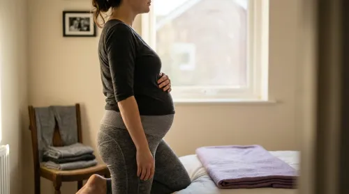 Pregnant woman in side profile against bedroom window light wearing maternity activewear and a long charcoal top