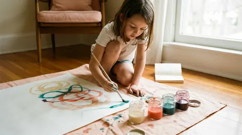 Child painting on a large floor sheet of paper with multiple open jars of paint at the heart of creativity in children