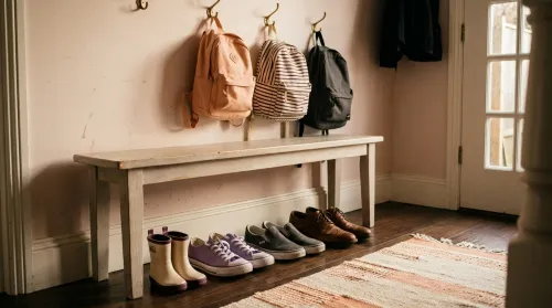 Three pairs of children's shoes in three sizes lined up on a wooden bench in a warm doorway in late afternoon