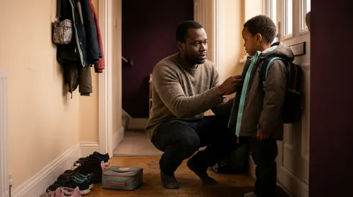 Single dad crouched in the doorway helping his young child into a coat before the morning school run