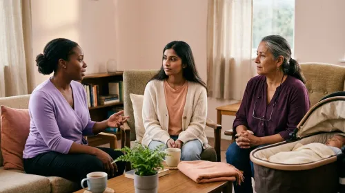 Three mothers in a peer support circle in a sunlit community room — the in-person heart of mother support organizations