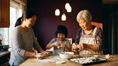 Three generations of an East Asian family making dumplings together in a warm kitchen at home