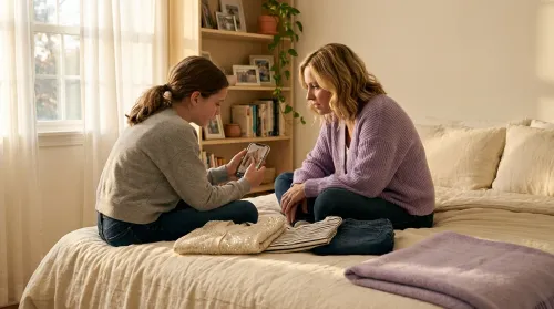 Tween and mother on a bed reviewing a phone TikTok beside a small pile of kids fashion trends — sequinned cardigan and jeans