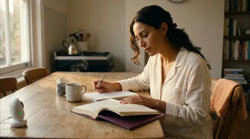 Woman at her kitchen table in early morning reading a non-fiction book on matrescence with coffee and an open notebook
