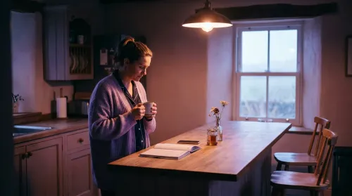 Working mother in pyjamas and a lavender cardigan at her kitchen island at 5:30am, mug in hand, open planner on the wood